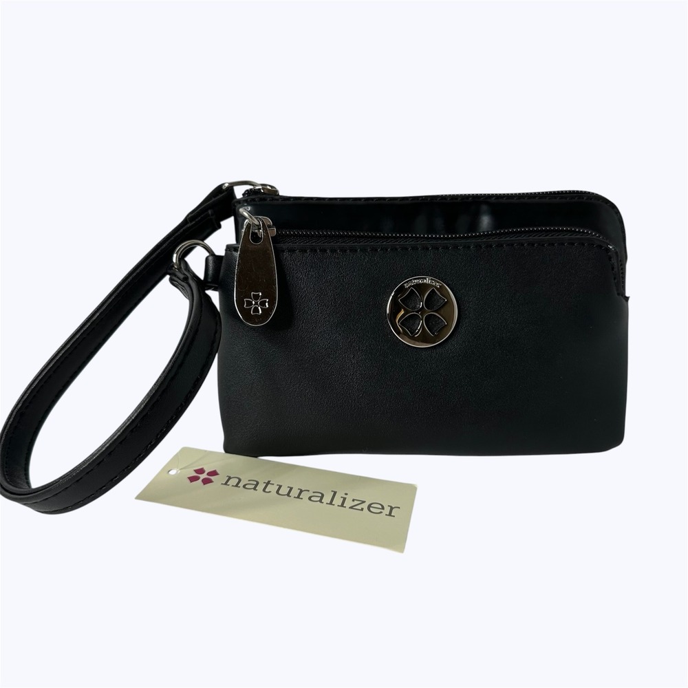 Naturalizer Double Zip Wristlet Clutch Black Faux Leather Pink Lined Classic NEW